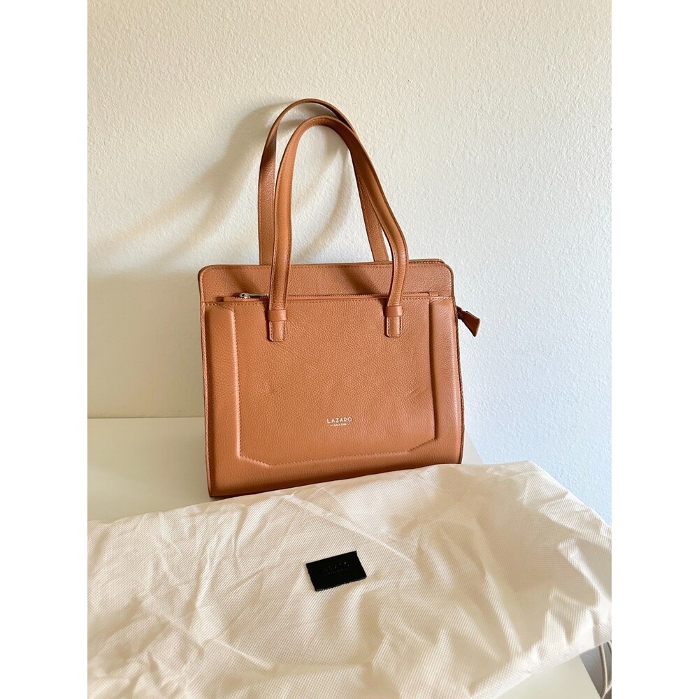 BRAND NEW Lazaro Pebbled Leather Tote Bag Two Handle Strap Zipper Cognac Brown
